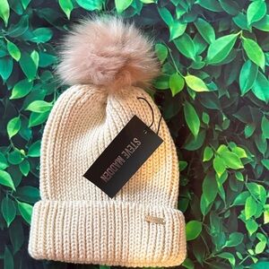 Steve Madden Cream Knit Beanie with Pom-Pom